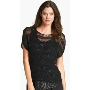 NWOT Eileen Fisher Sequin Chainmail Shadow Stripe Black Knit Sweater SZ Large